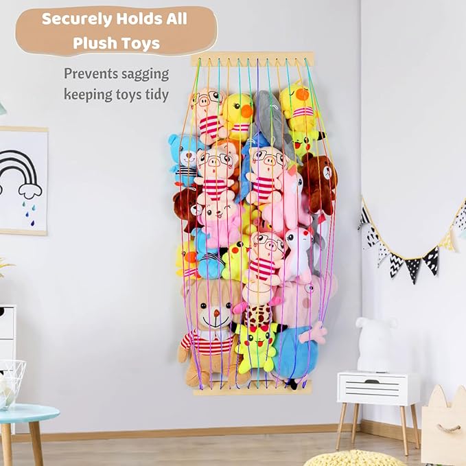 Stuffed Animal Storage Wood Soft Toy Organizer for Kids Room，Cute and Durable Wall or Door Mount Length Adjustable Hanging Stuffed Animal Toy Organizer Shelf for Nursery Play Room Rainbow -Patent