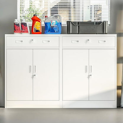 CMY Metal Storage Cabinet, Locking Storage Cabinet with 1 Drawer and Adjustable Shelf, 36.2" H x 28" W x 16" D Metal Cabinet for Office, Garage, Home-White
