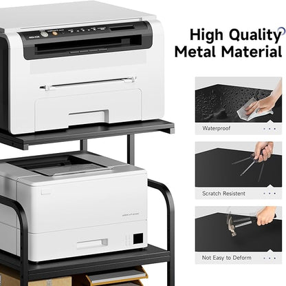 Printer Stand, 23.6''×23.6''×29'' Large Printer Table for Home Office with Locking Casters, Sturdy 3-Tier Rolling Cart with Adjustable Shelf, Mini Fridge Stand, Home Office Essentials, Black