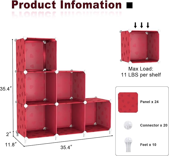 UNKU Cube Storage Organizer, 6 Cube Closet Organizer Storage Shelves, DIY Stackable Bookcase, Clothes Organizer Shelf for Closet, Bedroom, Living Room, Cabinet, Home, Office, Red