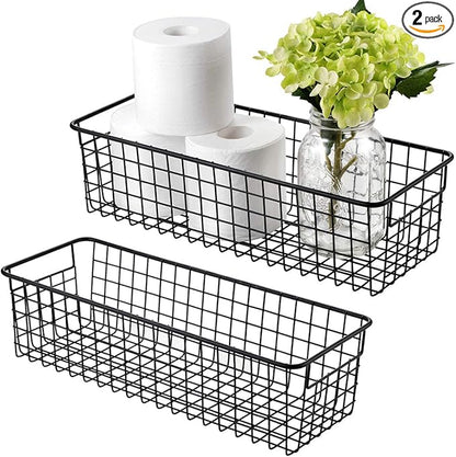 Sheechung Farmhouse Decor Metal Wire Storage Organizer Bin Basket(2 Pack) - Rustic Toilet Paper Holder - Storage Organizer for Bathroom, kitchen cabinets,Pantry, Laundry Room, Closets, Garage (Black)