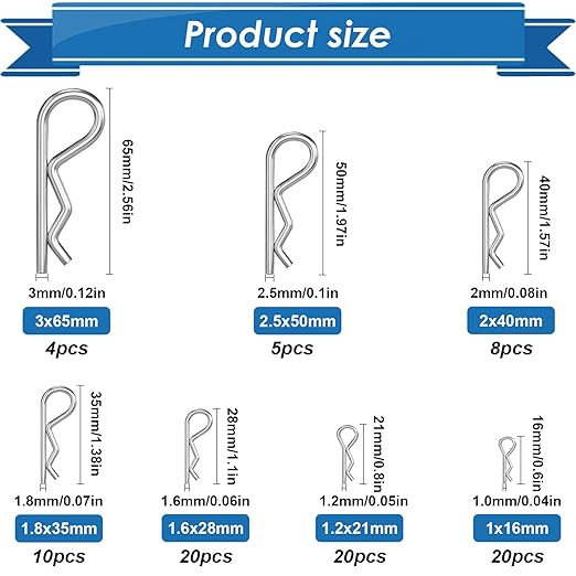 Cotter Pin Assortment Kit - 304 Stainless Steel 13 Sizes Cotter Pins & R Clips Cotter Pin Set for Hitch Pin Lock Systems