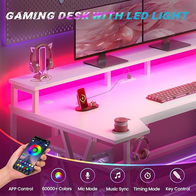 SEDETA White Gaming Desk 70.8'' with LED Lights and Storage Shelves, Computer Desk with Monitor Stand, Power Outlets and Cup Holder, Large PC Gamer Desk, Gaming Table for Bedroom, Living Room