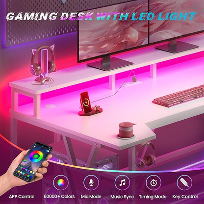 SEDETA White Gaming Desk 70.8'' with LED Lights and Storage Shelves, Computer Desk with Monitor Stand, Power Outlets and Cup Holder, Large PC Gamer Desk, Gaming Table for Bedroom, Living Room