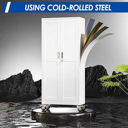 Metal Garage Storage Cabinet with Lock, 61” Tall Lockable File Cabinet with Wheels, Steel Tool Cabinet with 2 Door and 3 Adjustable Shelves, Rolling Cabinet for Home Office Garage Gym - White