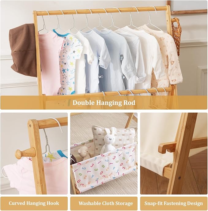 Kids Clothing Rrack- Kids Dress Up Rack for Little Girls, Bamboo Kids Clothes Rack, Toddler Dress Up Storage Rack & Folding Costume Rack, Double Rods, Pets Clothes Rack with Storage, Number