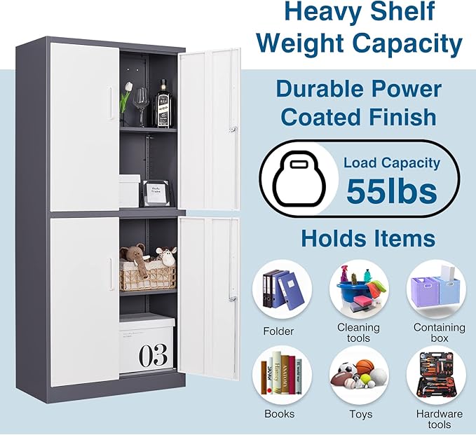 Metal Storage Cabinet with Lock, 71" Tall Steel File Locker with 2 Adjustable Shelves and 4 Doors, Tall Cabinet for Office, Garage, Home, Pantry (Grey White)