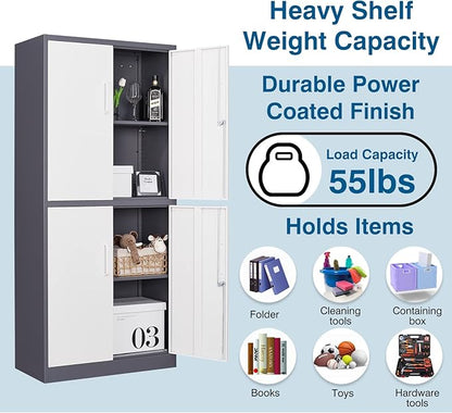 Metal Storage Cabinet with Lock, 71" Tall Steel File Locker with 2 Adjustable Shelves and 4 Doors, Tall Cabinet for Office, Garage, Home, Pantry (Grey White)