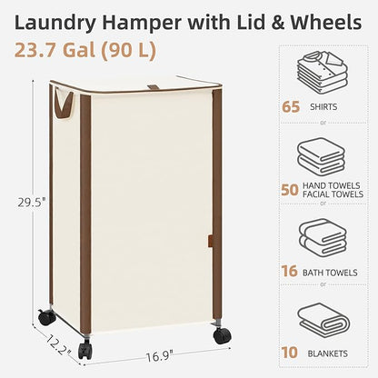 STORAGE MANIAC Rolling Laundry Hamper with Lid, 23.7 Gal (90 L) Large Tall Laundry Basket with Wheels & Handles, Aesthetic Dirty Clothes Hamper for Small Space, Dorm, Apartment, College, Beige