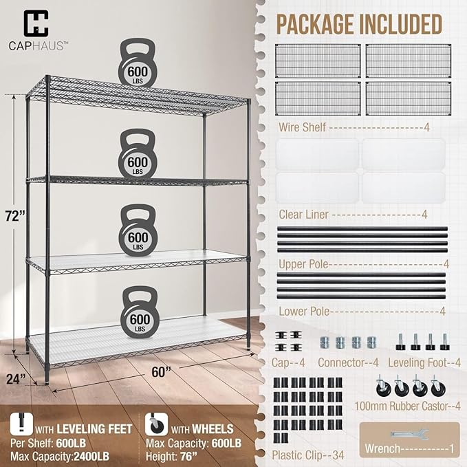 CAPHAUS NSF Commercial Grade Heavy Duty Wire Shelving w/Wheels, Leveling Feet & Liners, Storage Metal Shelf, Garage Shelving Storage, Utility Wire Rack Storage Shelves, 60 x 24 x 76 4-Tier w/Liner