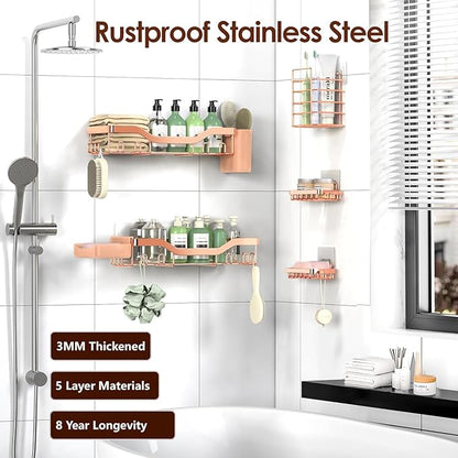 Shower Caddy Adhesive Shower Organizer 7-Pack, Rustproof Stainless Steel Bathroom Shelves, Large Capacity No-Drill Rack Storage Accessories with Soap Dish Toothbrush Holder Hooks