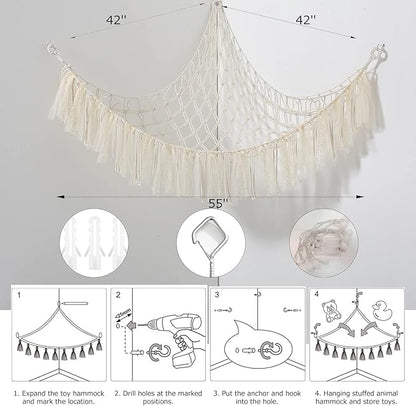 Stuffed Animal Storage Macrame Boho Plush Toy Net Hammock for Stuffed Animals with Light Pet Net for Stuffed Animals Corner Hanging Stuffed Animal Holder Teddy Bear Net for Kids Room (Shiny White)