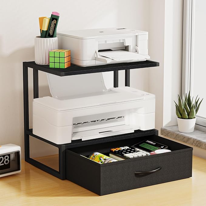 Printer Stand with Storage for Desk, with Fabric Drawer Desktop Printer Stand Shelf Organzier for Home Office, for Above and Under Desk Printer Table, Fax Machine Copier Scanner, Black