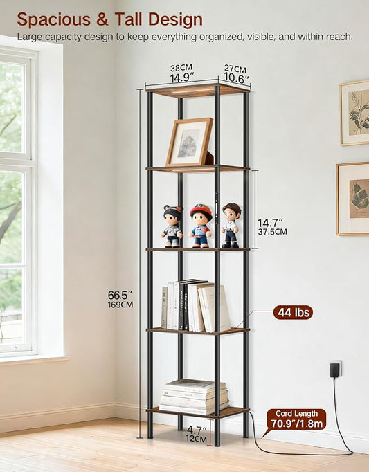5 Tier Tall Display Shelves with LED Lights, Touch & Remote Control, Dimmable Display Cabinet, Open Bookshelf with 3 Color Temperature, Timer for Living Room, Bedroom, Home Decor