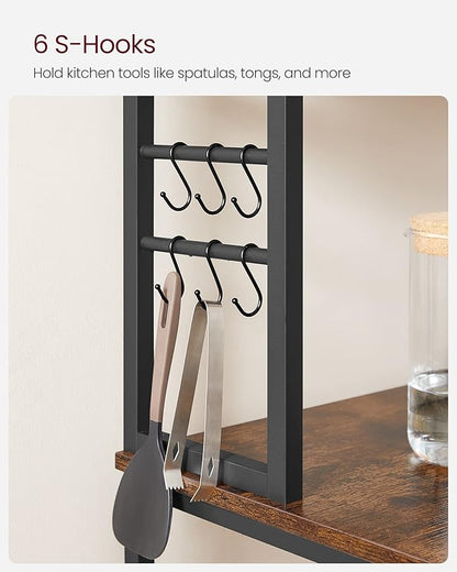 VASAGLE Coffee Bar, 31.5 Inches Baker's Rack for Kitchen with Storage, 6-Tier Kitchen Shelves with 6 Hooks, Microwave Stand, Industrial, Rustic Brown and Ink Black UKKS019B01