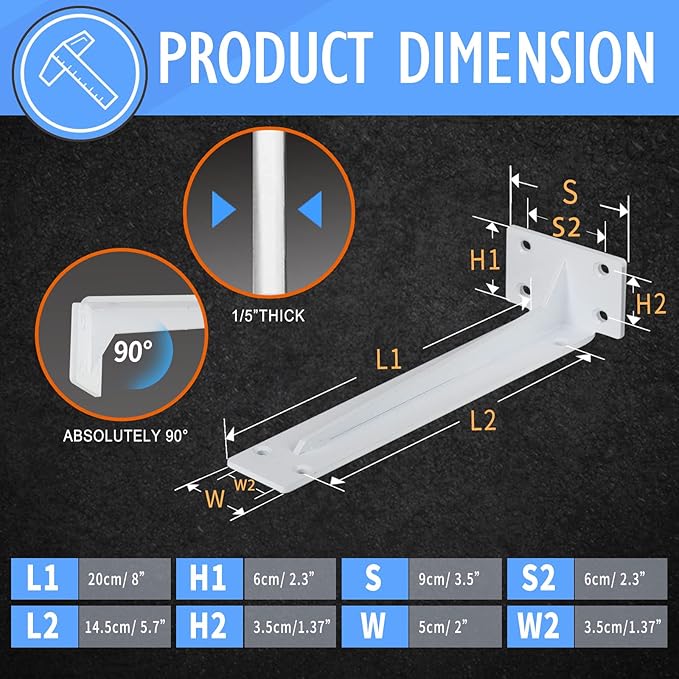 CLT Shelf Bracket( White) , 8” Quarter Inch (1/5") Thick- Max Load: 220 lb Rustic Industrial Modern Farmhouse Heavy Duty Corner Brace Joint Right Angle Bracket for DIY Table Bench, Pack of 6