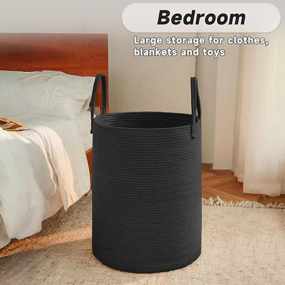 Large Woven Laundry Basket Hamper,60L Cotton Rope Storage Bin for Blankets,Toys and Clothes,Decorative Tall Nursery Hamper for Living Room,Baby Nursery,Bathroom and Bedroom,Black