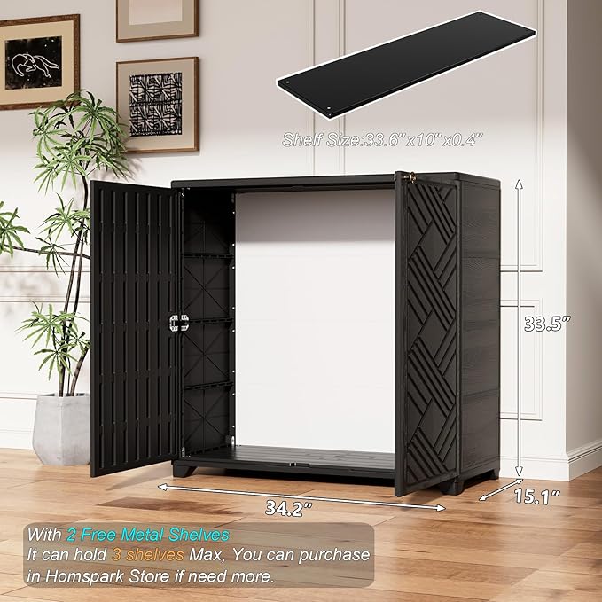 HOMSPARK Indoor/Outdoor Storage Cabinet with Doors and 2 Metal Shelves, 34”x15”x34” HDPE Plastic Storage Box for Patio, Garden, Enterway, Balcony, Multi-Purpose for Daily Tools, Black