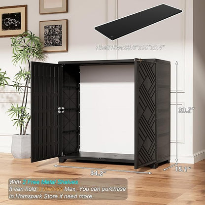 HOMSPARK Indoor/Outdoor Storage Cabinet with Doors and 2 Metal Shelves, 34”x15”x34” HDPE Plastic Storage Box for Patio, Garden, Enterway, Balcony, Multi-Purpose for Daily Tools, Black