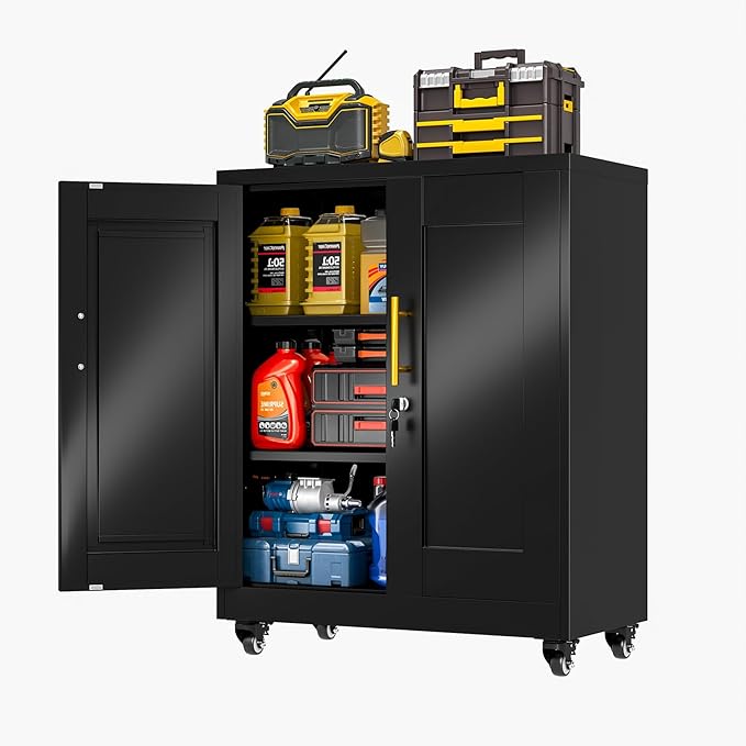 Metal Storage Cabinet with Wheels, 36" Tall Locking Storage Cabinet with 2 Adjustable Shelves, Locking Garage Cabinet, Steel Locker Organizer, for Office, Home, School, Black