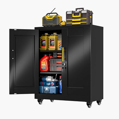 Metal Storage Cabinet with Wheels, 36" Tall Locking Storage Cabinet with 2 Adjustable Shelves, Locking Garage Cabinet, Steel Locker Organizer, for Office, Home, School, Black