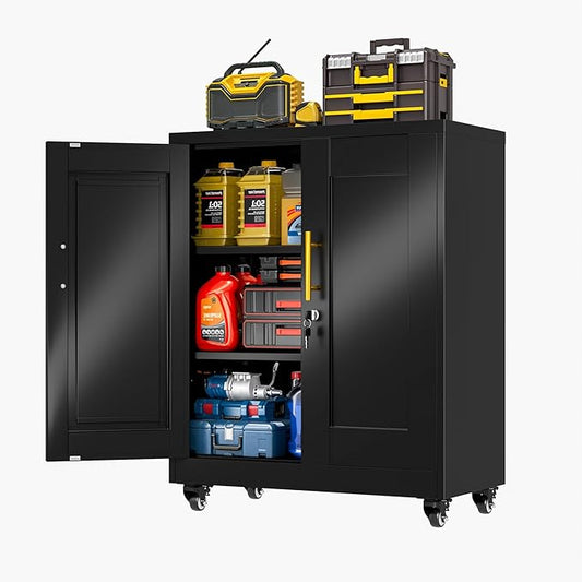 Metal Storage Cabinet with Wheels, 36" Tall Locking Storage Cabinet with 2 Adjustable Shelves, Locking Garage Cabinet, Steel Locker Organizer, for Office, Home, School, Black