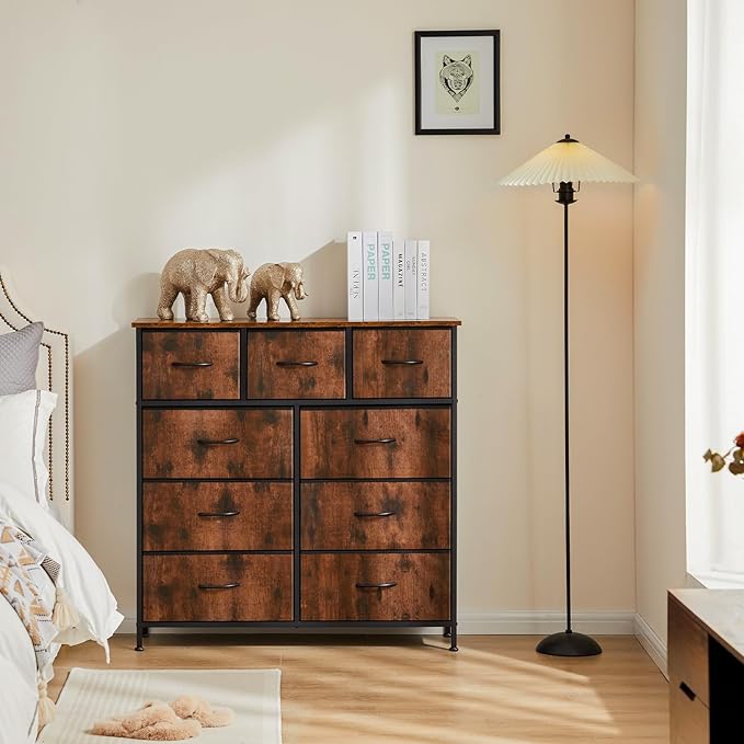 OLIXIS Dresser for Bedroom, Drawer Dresser Organizer Storage Fabric Storage Tower, Chest of Drawers with 9 Easy Pull Fabric Bins, Steel Frame, Wood Top for Living Room, Closet, Entryway, Hallway