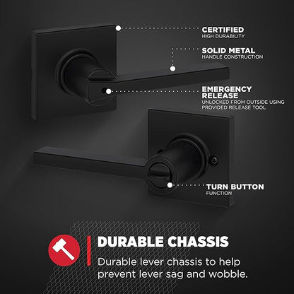 Kwikset Casey Hallway Passage and Bed/Bath Privacy Door Handle 2 Pack, 1 Pack Passage Levers and 1 Pack Privacy Levers, Matte Black Reversible Interior Handles, with Microban