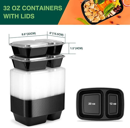 Glotoch Express 300 Pack 32oz Black 2 Compartment Square Meal Prep Containers, Food Storage Containers with Lids for Microwave Dishwasher Freezer Safe
