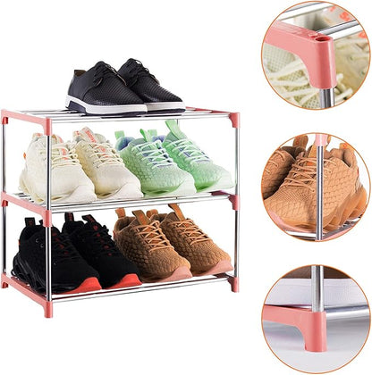 3-Tier Stackable Small Shoe Rack, Lightweight Shoe Shelf Storage Organizer for Entryway, Hallway and Closet(Pink)