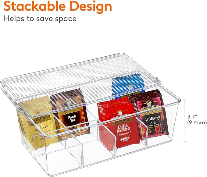 Lifewit Tea Bag Organizer with lids, Plastic Teabag Box with 32 Compartments, Stackable Divided Storage Containers for Cabinet, Pantry, Countertop, Hold Coffee Pods, Sugar Packets, Clear, 4 Pack