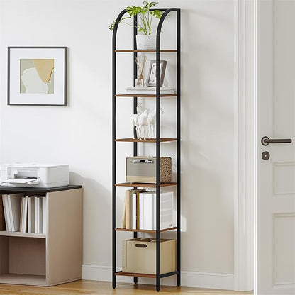 Bookshelf Narrow Bookcase, Tall Storage Rack with Steel Frame, Display Standing Shelf Unit, Skinny Book Shelf for Study Living Room Home Office, Industrial Style, 6-Tier Rustic Brown BC56001B