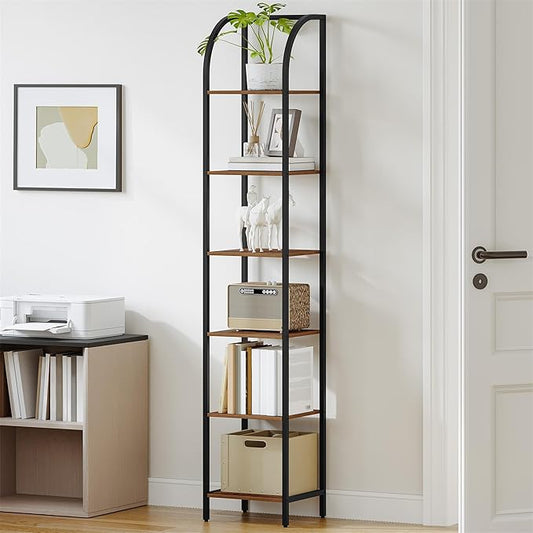 Bookshelf Narrow Bookcase, Tall Storage Rack with Steel Frame, Display Standing Shelf Unit, Skinny Book Shelf for Study Living Room Home Office, Industrial Style, 6-Tier Rustic Brown BC56001B