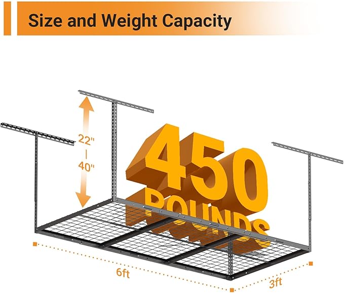 3x6ft Overhead Garage Storage Rack, Heavy Duty Metal Ceiling Shelf, 22'' to 40" Adjustable Dropdown, 450lbs Loading Weight Capacity, Black