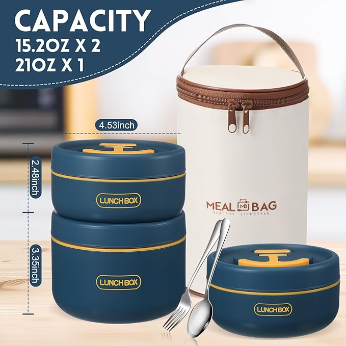 Dandat 3 Pcs Portable Insulated Lunch Container Set for Adult, Stackable Stainless Steel Bento Box for Hot Food with Insulated Lunch Bag Unisex 3 Separate Thermal Food Container (Blue)