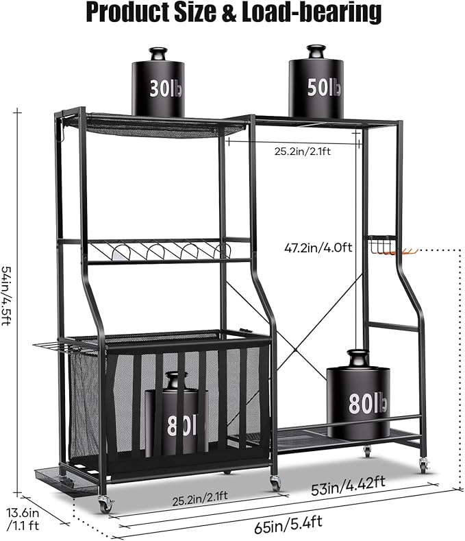 Garage Sports Equipment Organizer with Wheels - Golf Bag Storage Rack and Ball Storage Bins, Heavy Duty Rolling Garage Organizer System with Basket and Hooks for Indoor (Black-Large)