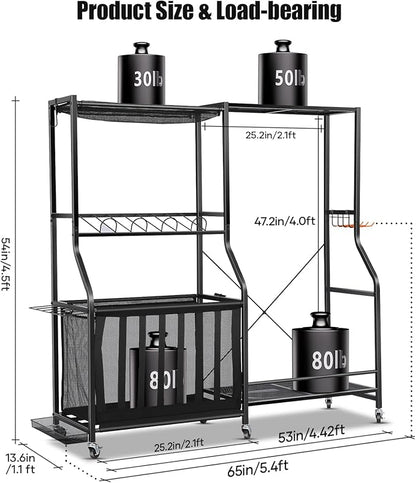 Garage Sports Equipment Organizer with Wheels - Golf Bag Storage Rack and Ball Storage Bins, Heavy Duty Rolling Garage Organizer System with Basket and Hooks for Indoor (Black-Large)