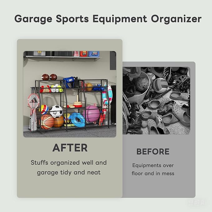 Garage Sports Equipment Organizer with Wheels - Ball Storage Rack with Elastic Rope or Wire Mesh,Garage Organizer System,Indoor/Outdoor Sports Rack for Sports Gear and Toys Storage,Black