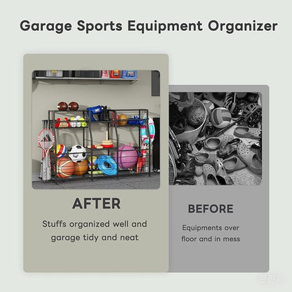 Garage Sports Equipment Organizer with Wheels - Ball Storage Rack with Elastic Rope or Wire Mesh,Garage Organizer System,Indoor/Outdoor Sports Rack for Sports Gear and Toys Storage,Black
