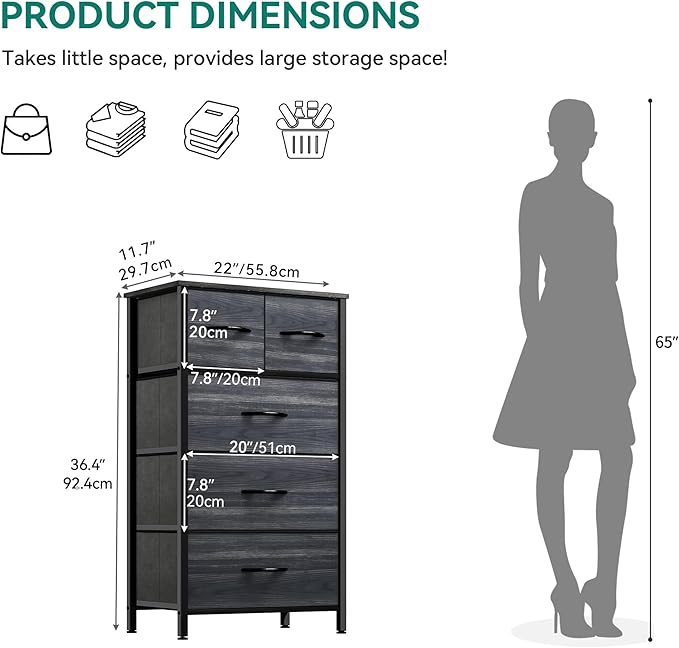YITAHOME Fabric Dresser with 5 Drawers - Storage Tower with Large Capacity, Organizer Unit for Bedroom, Living Room & Closets - Sturdy Steel Frame, Wooden Top & Easy Pull Fabric Bins