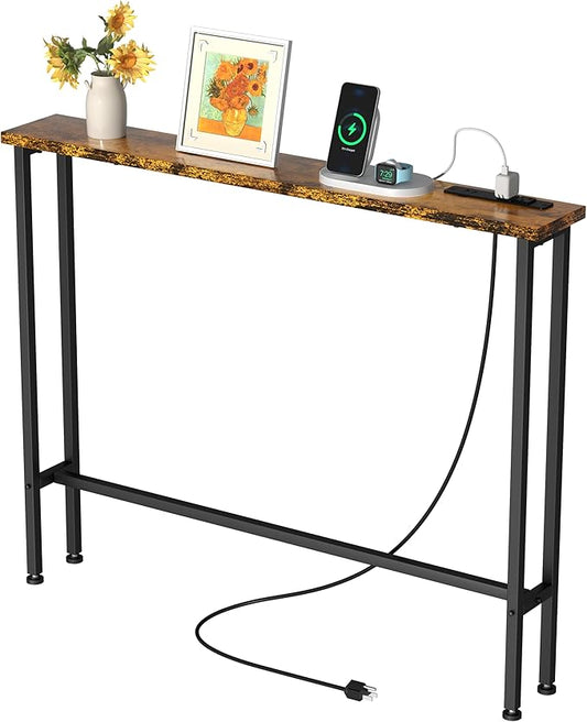 GRLEAF 39" Narrow Console Sofa Table with Built-in Power Strip (2 AC Outlets & 2 USB Ports) – 4.9ft Power Cord, Metal Frame, Easy Assembly, Ideal for Behind Couch, Hallway, and Office | Rustic Brown
