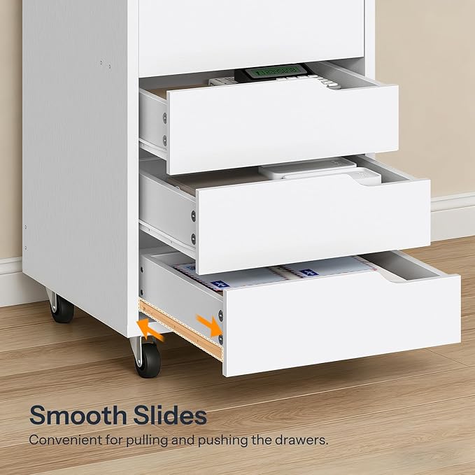 HOOBRO 5-Drawer File Cabinet, Under Desk Mobile Filing Cabinet with Wheels, Rolling Office Storage Cabinet, Wooden Printer Stand, for Home Office, Living Room, White WT15WJ01