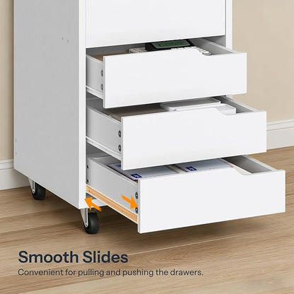 HOOBRO 5-Drawer File Cabinet, Under Desk Mobile Filing Cabinet with Wheels, Rolling Office Storage Cabinet, Wooden Printer Stand, for Home Office, Living Room, White WT15WJ01
