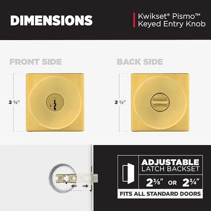 Kwikset Pismo Entry Door Knob with Lock and Key, Secure Keyed Handle Exterior Doorknob, Front Entrance and Bedroom, Satin Brass, Square, Pick Resistant SmartKey Rekey Security, Microban Protection