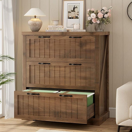 SEDETA 3 Drawer File Cabinet, Farmhouse Filing Cabinet for Home Office, Wood Office File Cabinets for Letter/Legal/A4 Size, Lateral File Cabinets with Printer Stand for Study Room, Living Room (Brown)