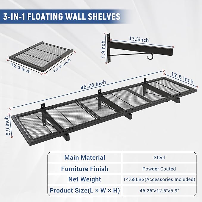 Garage Wall Shelf, Heavy Duty Garage Shelving, 46"X 12.5" Wall Mounted Shelves, Metal Floating Storage Rack with 4 Hooks, Utility Organizer Max Load 160 LBS for Laundry Room, Basement, Workshop