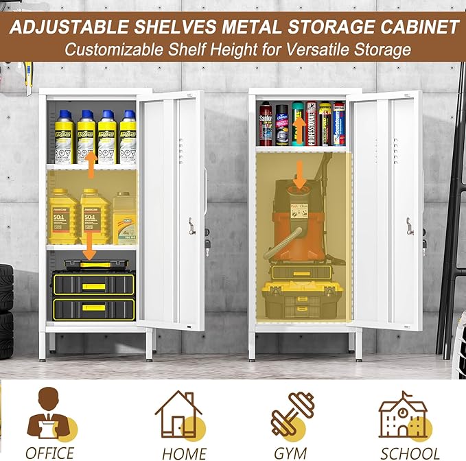 35.43" Metal Storage Locker with Lockable, Metal Steel Locker for Employees with 1 Door ＆ 2 Adjustable Shelves, Small Locker Storage Cabinets for Home, School, Office, Gym (White)