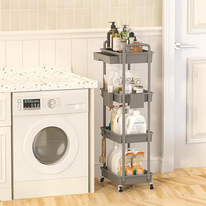 4 Tier Rolling Utility Cart with Drawer, Plastic Storage Organizer Rolling Carts with Wheels Handles Hanging Cups Hooks for Office, Bathroom, Kitchen,Craft Art Room (Grey)
