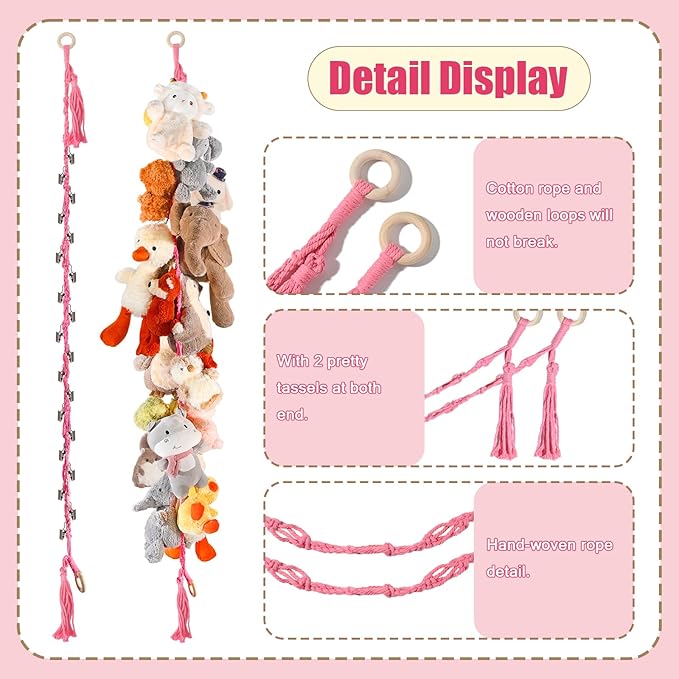 80" 2-Pack Cotton Hanging Storage Chain For Stuffed Animals Storage with 20 Metal Clips, Stuffed Animal Organizer Chain for Wall Corner Nursery Play Room, Pink