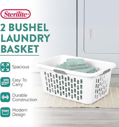 Sterilite Laundry Basket, Plastic Clothes Hamper, Large Rectangle Bin with Comfort Grip Handles and Reinforced Rim, 2 Bushel Capacity, White, 6 Pack